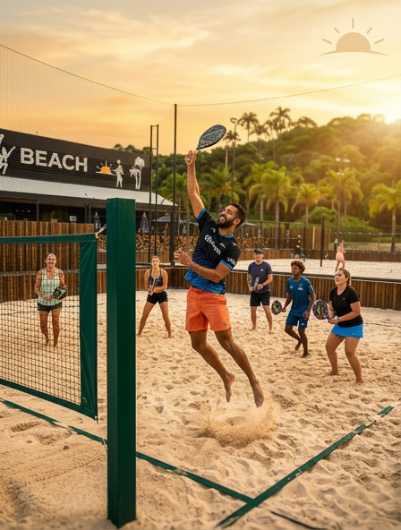Firefly_Gemini Flash_High-resolution professional photography of a dynamic Beach Tennis class at sunset. A 745584